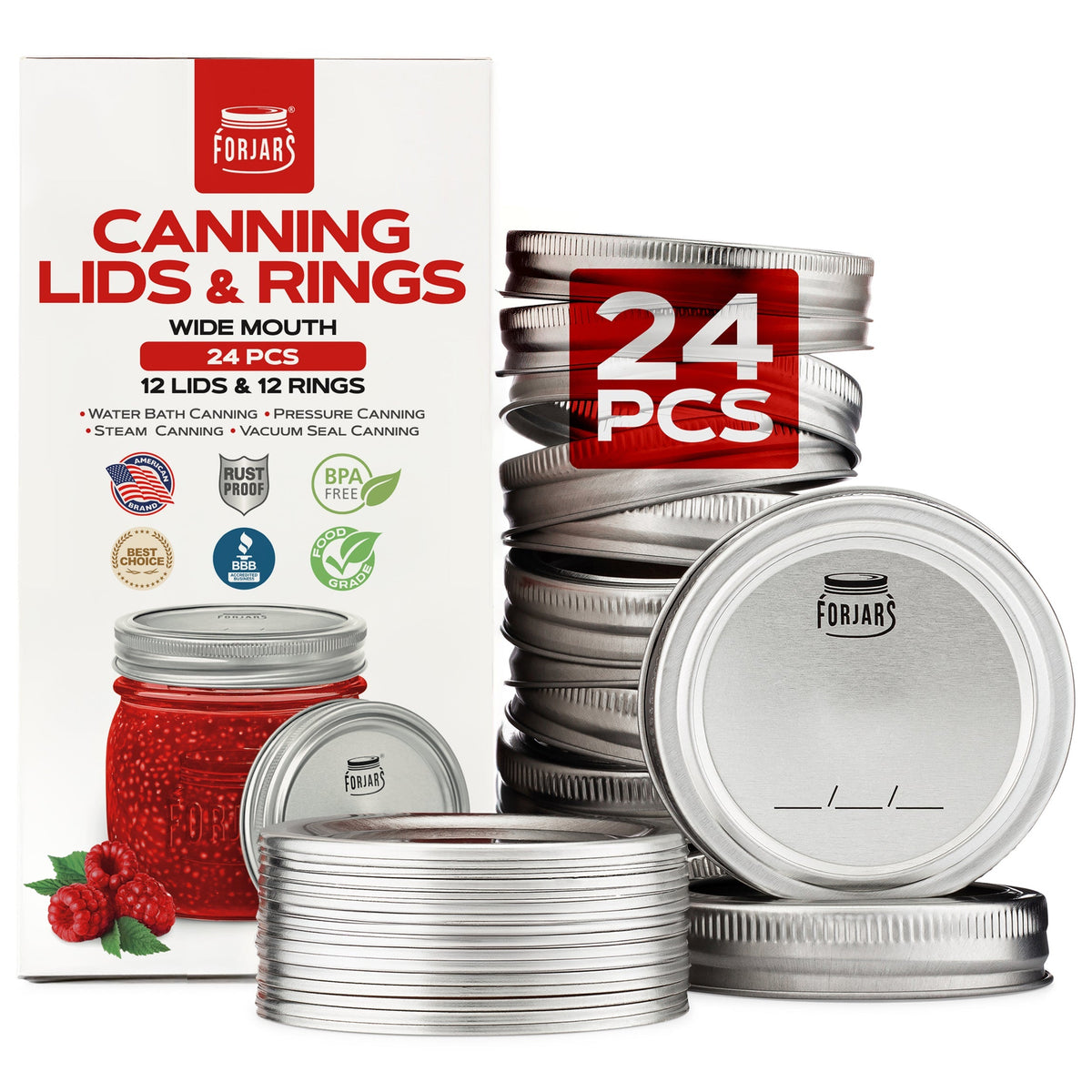 Forjars® - 12 Wide Mouth Canning Lids + 12 Rings